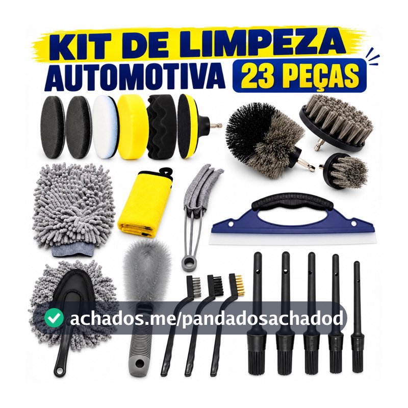 Kit 23 Peças Escova Detalhamento Automotivo - Saco Lavagem com Toalha e Pneu para Limpeza Completa
