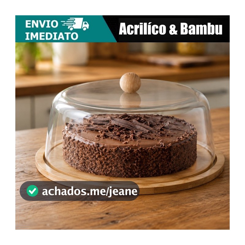 Boleira Queijeira Bambu Grande Com Tampa De Acrílico Porta Bolo Torta Pudim Queijo 28cm Ecológica