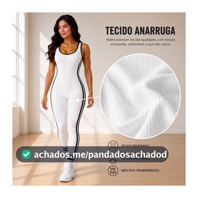Macacão Feminino Longo Fitness Esportivo Canelado Anarruga com Listra