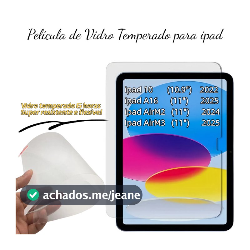 Película de Vidro Temperado para iPad 10/11 (A16) e iPad Air M2/M3 ，Ultra Resistente, 9H, Toque Preciso