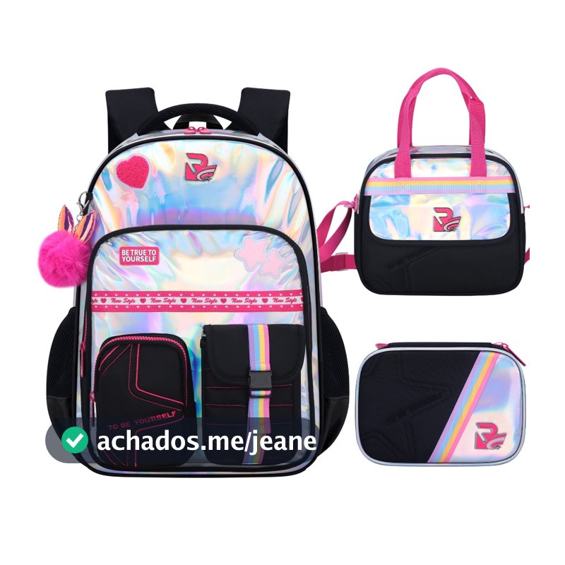 Kit Mochila Escolar Infantil Feminina com Estrelas e Pompom Impermeável, Lancheira e Estojo