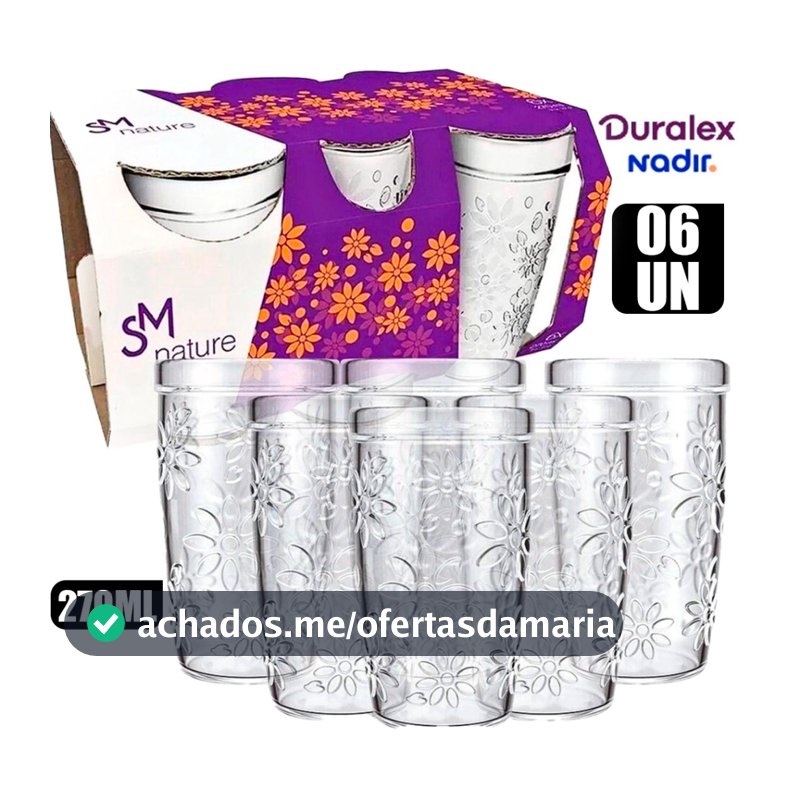 Kit Conjunto 6 Copos Nature SM Nadir 270ml De Vidro Grosso Temperado Transparente Floral Para Sucos
