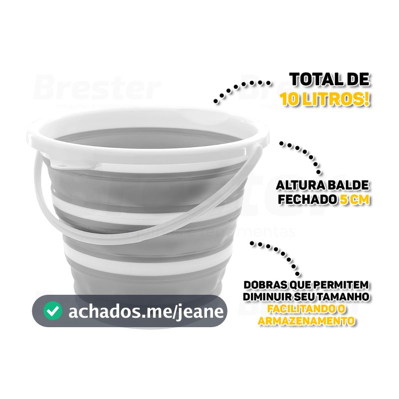 Balde Dobrável Retrátil Multiuso 10 Litros Com Alça Gancho Dobra Emborrachada Branco/Cinza Powermaid