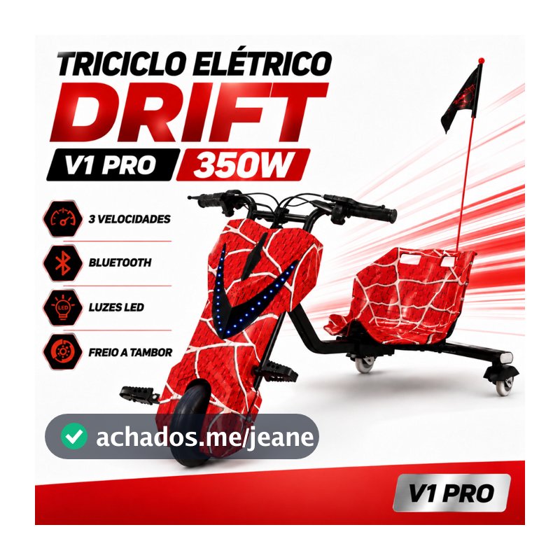 Triciclo Elétrico Drift V1 Pro 350W Brushless 3 Modos de Velocidade Pneu 8,5” Suporta até 80kg