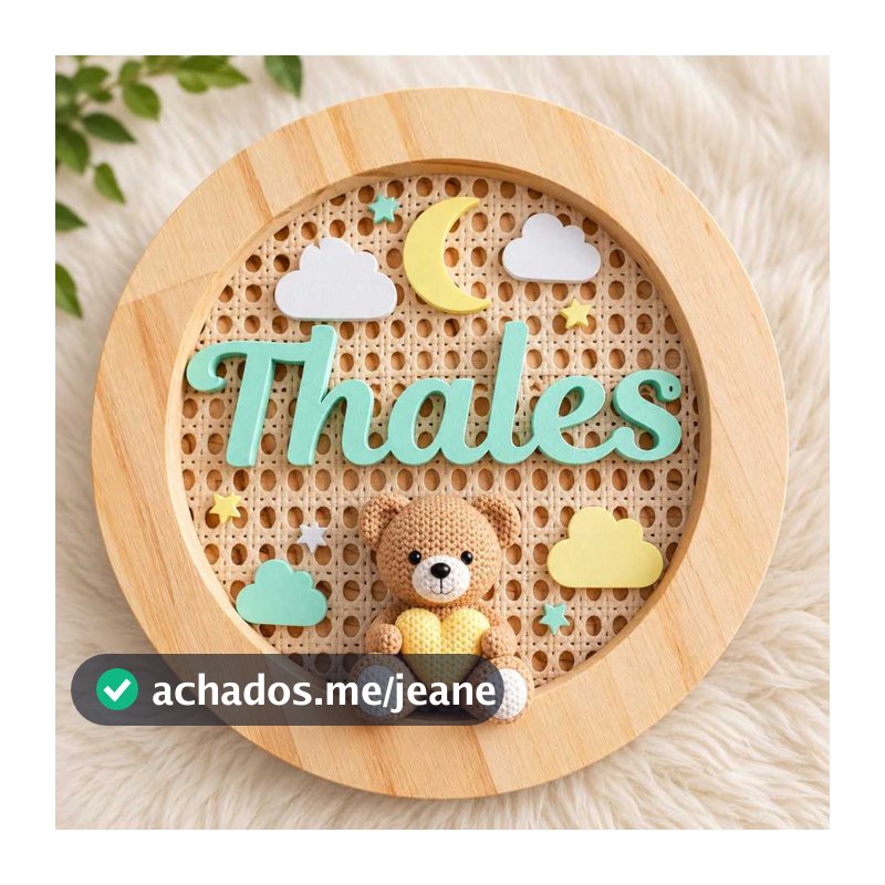 Placa Decorativa Redonda de Madeira Porta maternidade personalizado com Urso de Crochê e Nuvem para Quarto Infantil