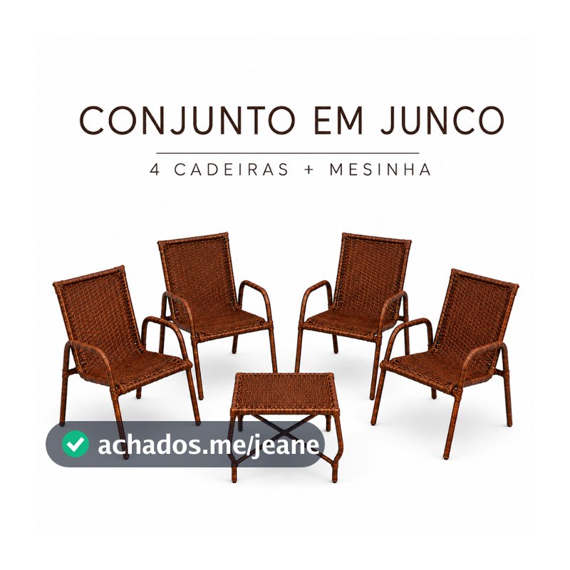 Kit Conjunto 4 Cadeiras De Junco Sintético + Mesa Sofisticada Resistente Trama Artesanal Jardim Varanda Área Externa