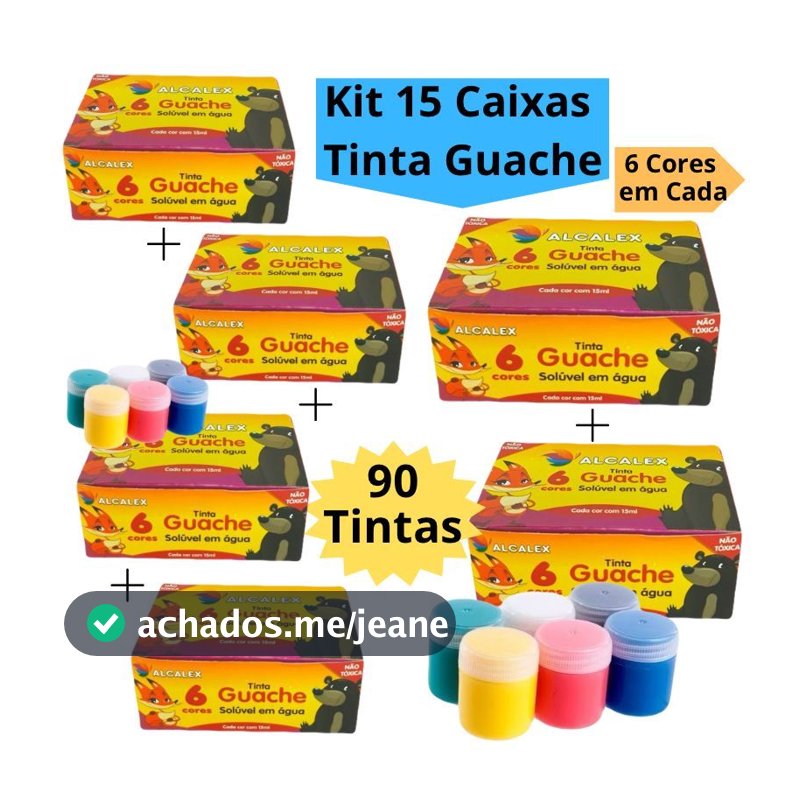 Kit 15 Caixas Tinta Guache 15ml Caixa Com 6 Cores Diferentes 90 Tintas Escolar Infantil Alcalex