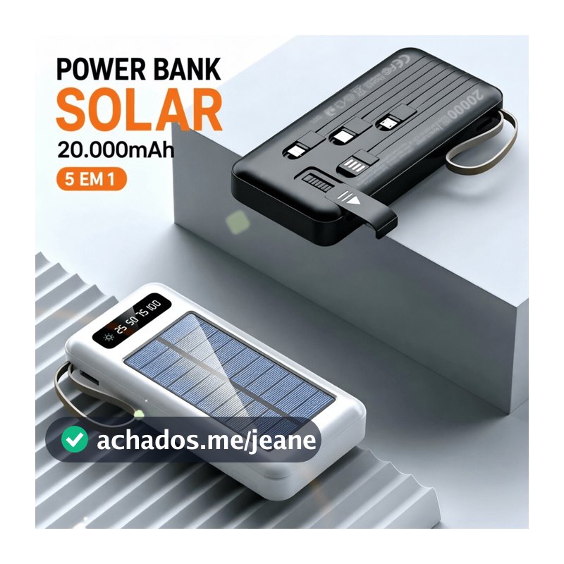 Carregador Portátil Power Bank Solar 20.000mah Com cabos 5 Em1 LED lanterna MILLION