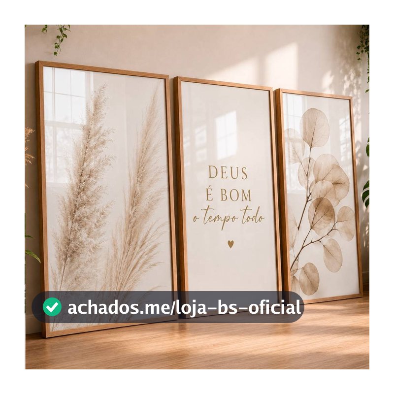 Quadro Decorativo Trio Flores Minamislista Clean Douradas Deus é Bom o Tempo Todo Para Sala Quarto 4K