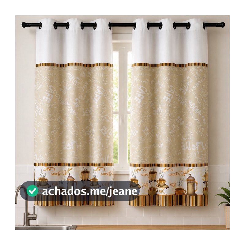 Cortina Oxford 2,00 x 1,50 Cozinha Lisa Estampada 2 Partes Ilhós