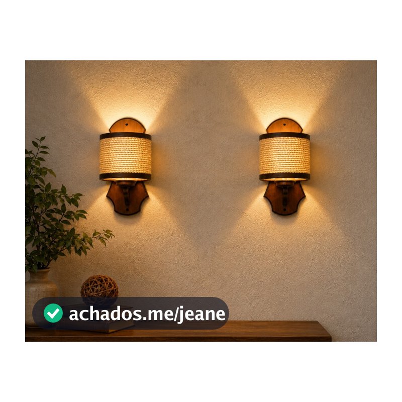 2 Arandelas Rustica De Parede Com Cúpula Em Sisal madeira bivolt marrom