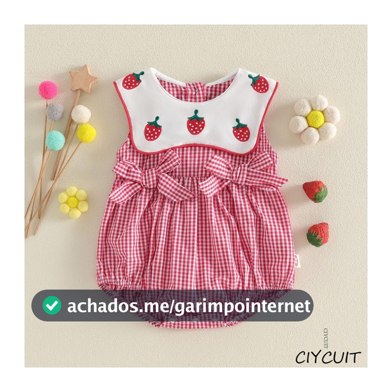 [CIYCUIT] Macacão Xadrez Para Bebês Meninas Com Bordado De Morango E Laço Fofo Gola De Boneca Sem Mangas Roupas Fofas