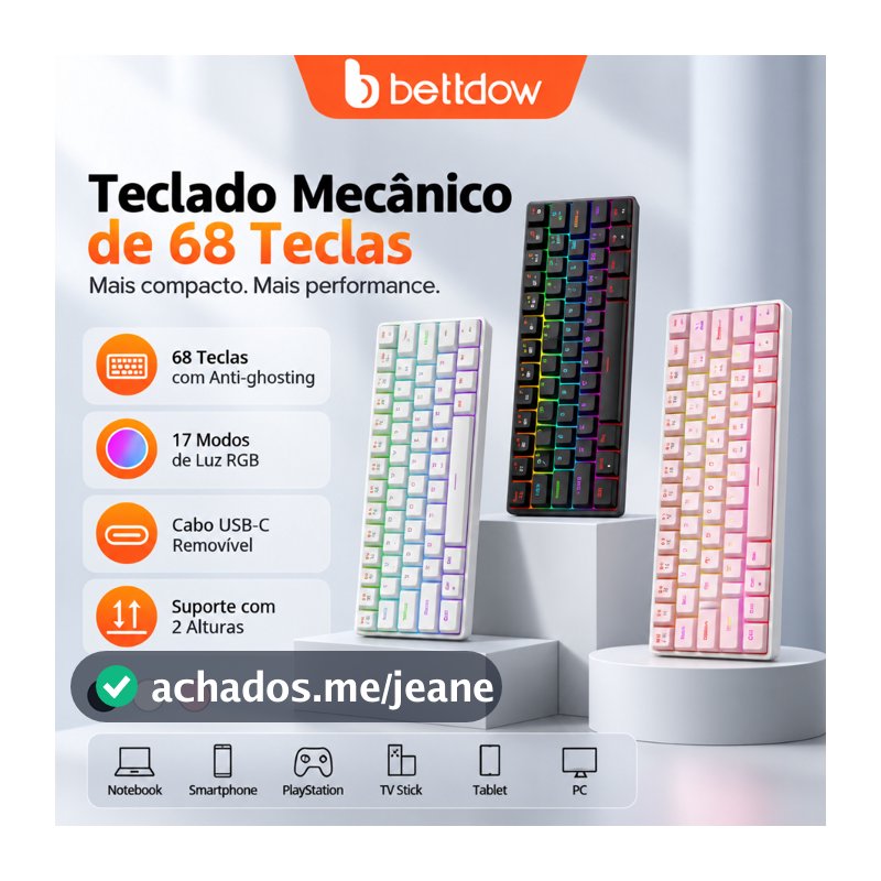 BETTDOW Teclado Mecânico Gamer 68 Teclas em Português RGB, Switch Vermelho, USB-C, Anti-Ghosting para PC e Notebook