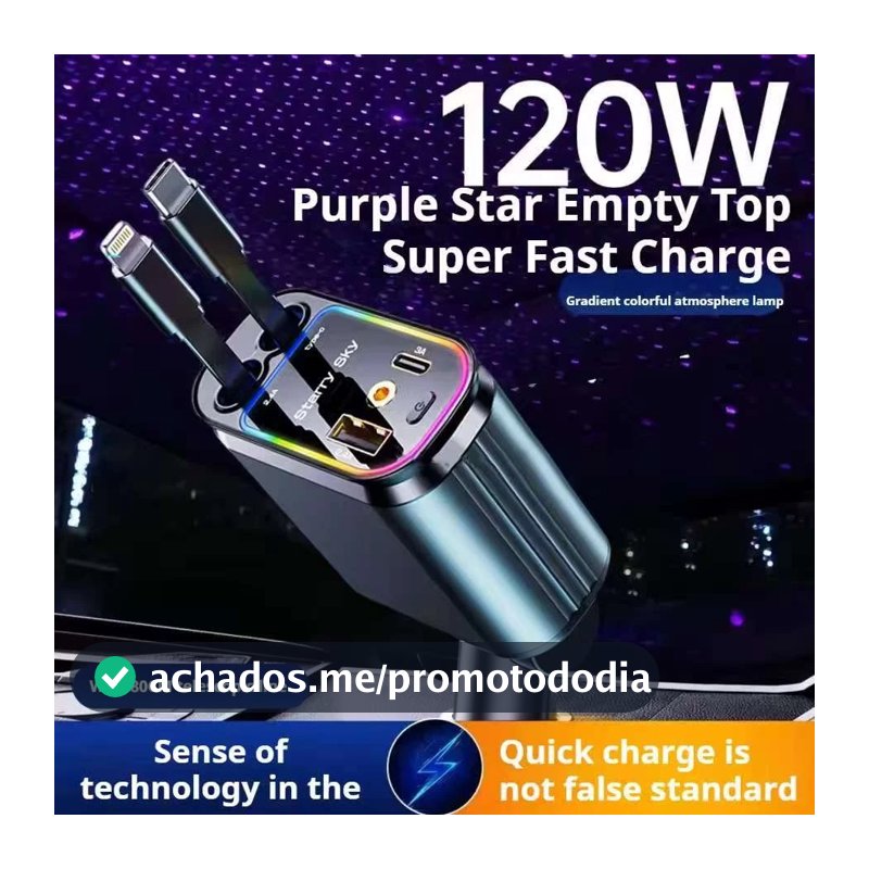 Carregador de carro retrátil com luz LED, carregador de carro rápido 4 em 1 de 120 W para iPhone e Android