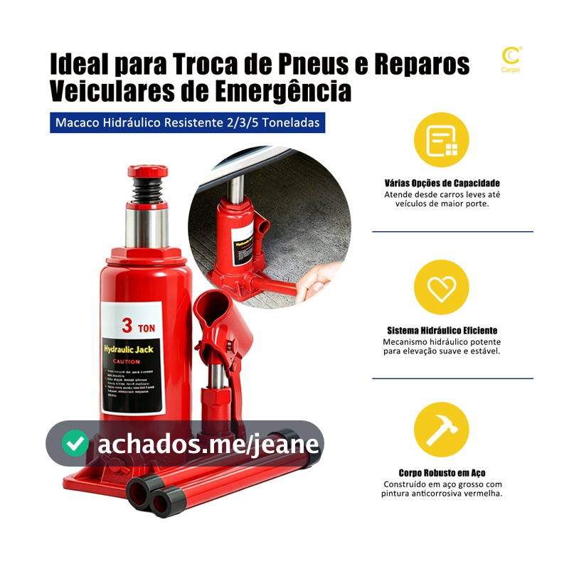 Macaco Hidráulico Tipo Garrafa 2,0 3,0 5,0 Toneladas Carro