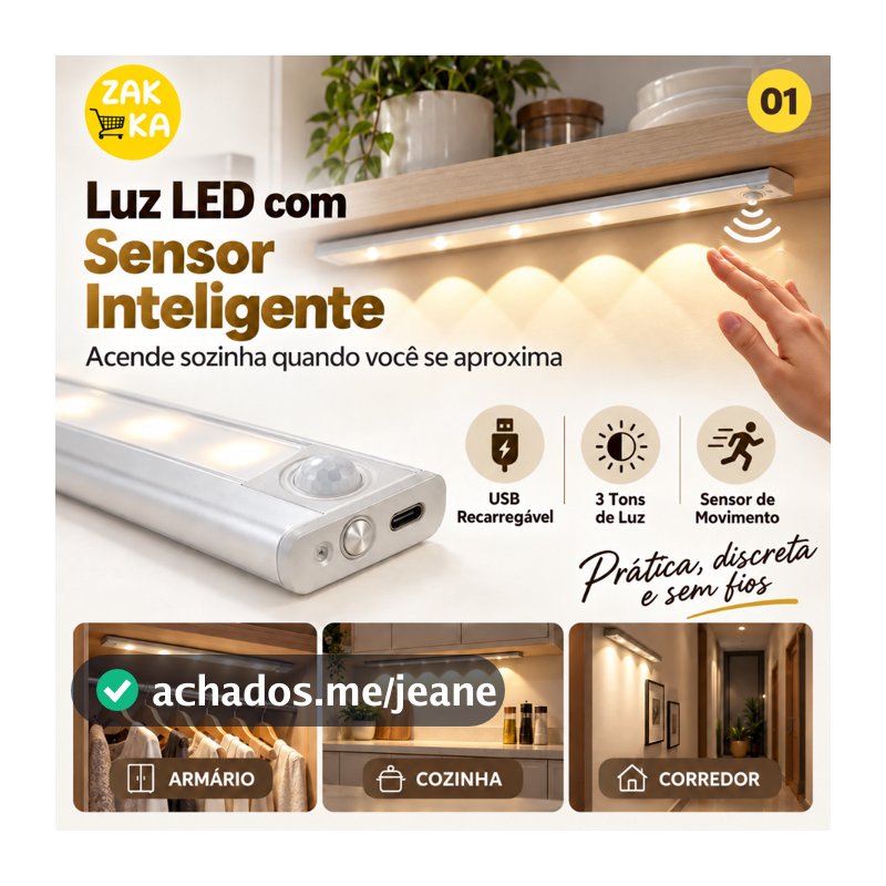 Luz de LED com Sensor para Armário 60cm Ultra Fina 3 Cores, Recarregável (Branco/Quente/Natural)