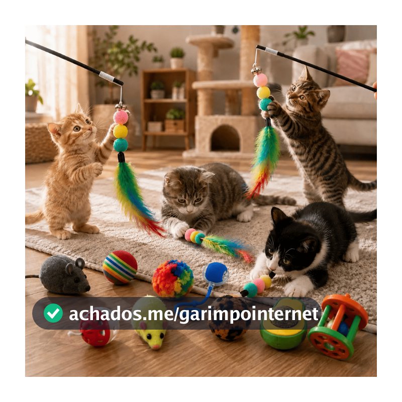 KIT Até 6 Brinquedos Para Gato, Brinquedo Interativo Inteligente Gato Pet, Com Catnip e Varinha Pena