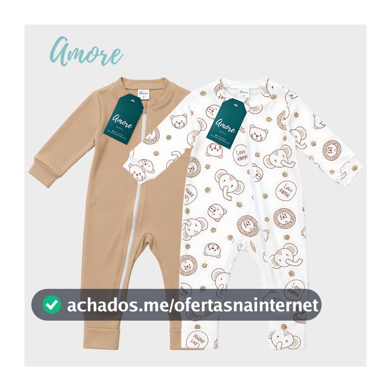 Kit 2 Macacão Bebê Amore Vira Pé Amiguinhos e Marrom Com Zíper 100% Algodão