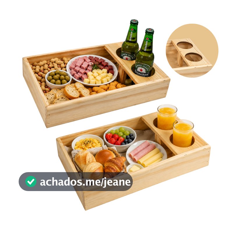Bandeja para Café da Manhã Suporte Suco Petiscos Cerveja Copo Sofá Long Neck 30x20x6 Madeira Rústico