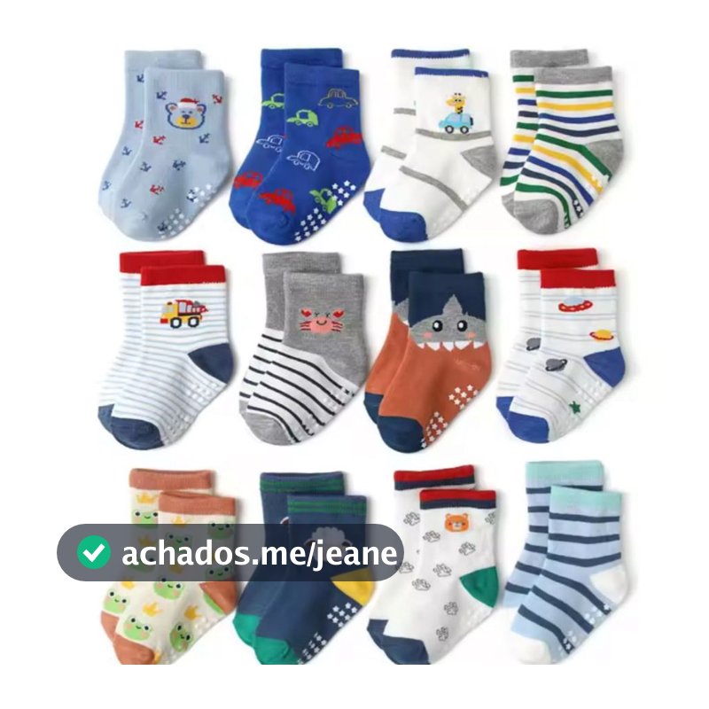 Kit 12 Pares de Meias Menino Bebê Recém Nascidos Com Antiderrapante Estampadas