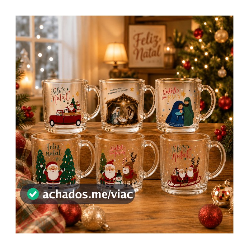 Kit Até 6 Canecas de Vidro Natal 320 ml Estampas Sortidas Festa
