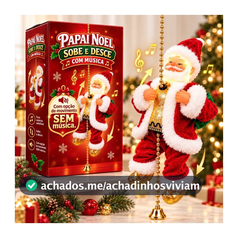 Boneco Papai Noel Sobe E Desce Corda Musical Canta Movimento Decoração Natal