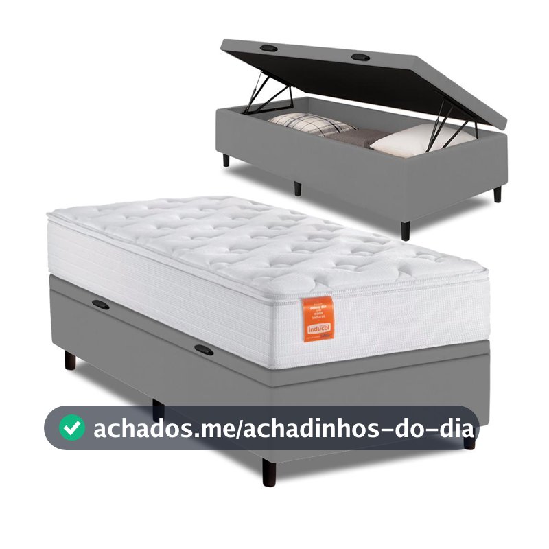 Cama Box Baú Colchão Solteiro Molas Ensacadas Real 88x188x68cm Branco / Cinza Inducol - Suporta até 130kg por Pessoa