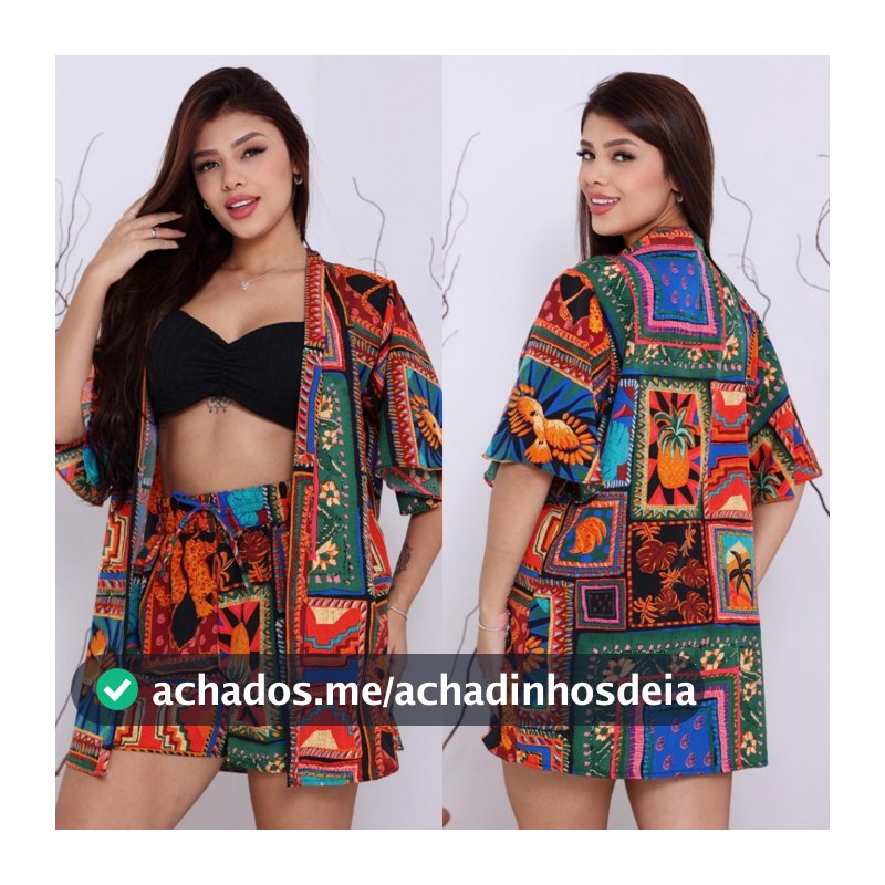 conjunto feminino casual elegante kimono + short lançamento 2026