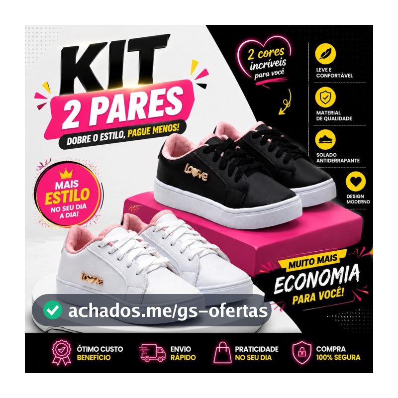 Kit 2 Pares Sapato Infantil Menina Com Cadarço Sola Leve Visual Moderno Moda Infantil