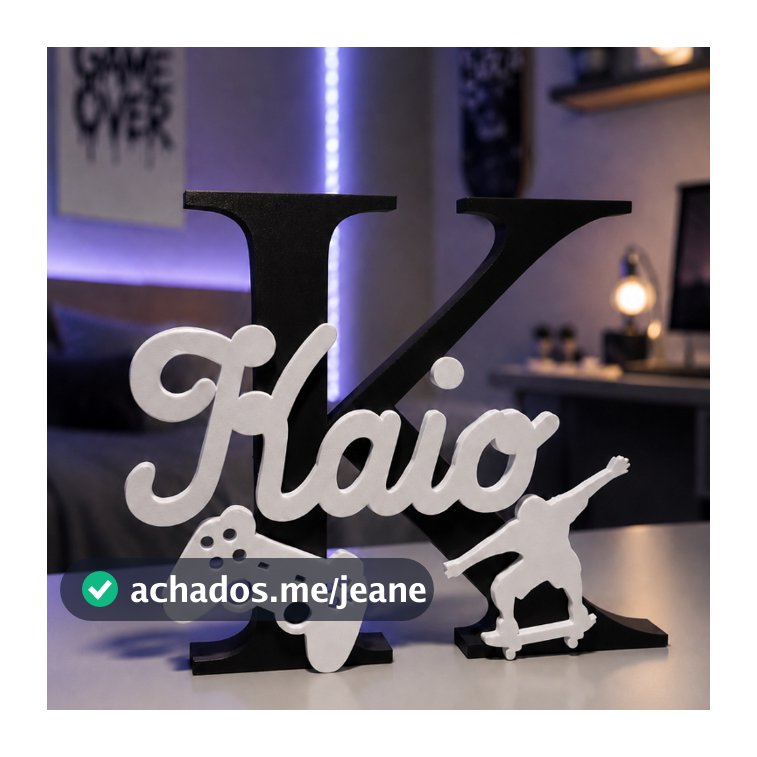 Nome Personalizado 3D Gamer com Controle e Skate | Letra Inicial + Nome | Decoração Quarto Infantil
