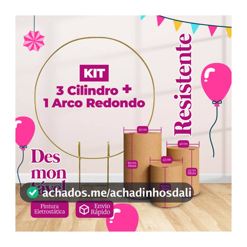 Kit 3 Cilindro mdf + Arco Redondo Ferro Desmontavel 1,50