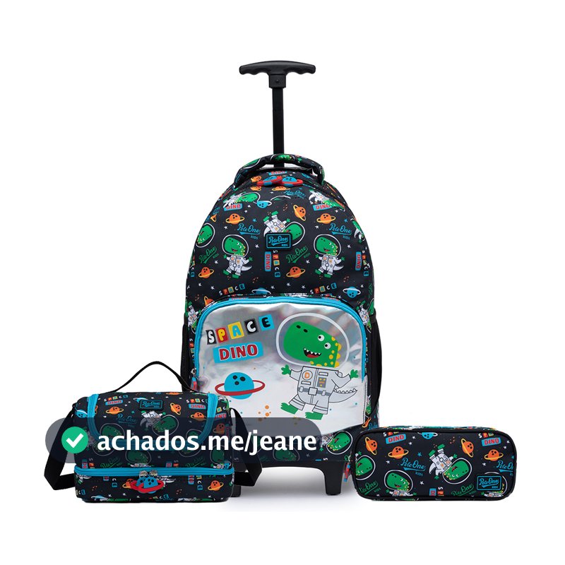 Kit Mochila de Rodinhas Dinossauro Infantil Polo One Lancheira Térmica Estojo