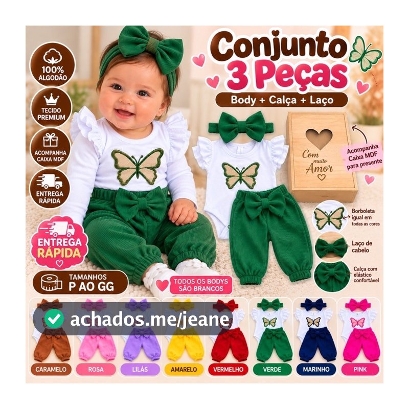 ⭐ Conjunto Body + Calça + Laço – Borboleta  Bebê Menina  Cx MDF⭐