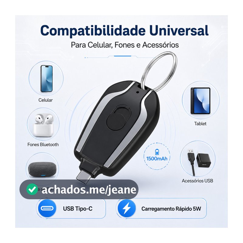 Carregador Portátil Chaveiro Tipo-C de Emergência Mini Power Bank
