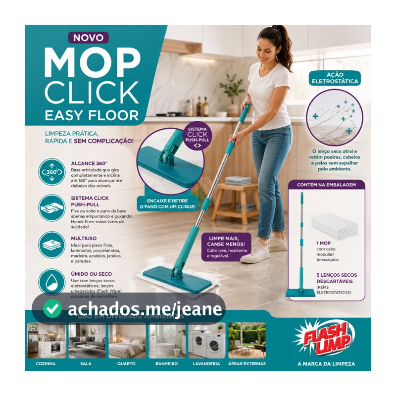Mop Click Multiuso Easy Floor Flash Limp Vassoura Eletrostática Seca E Limpa Pó Sem Riscar