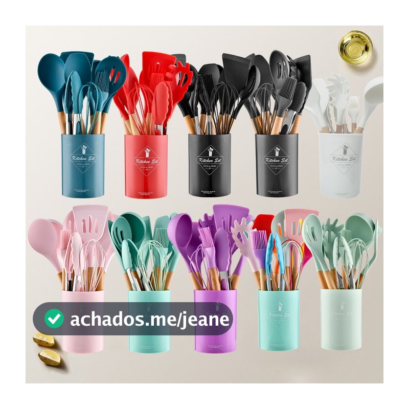 5/12 Peças Utensílios De Cozinha Colheres Espatula Silicone Cabo Madeira Decoração Livre BPA
