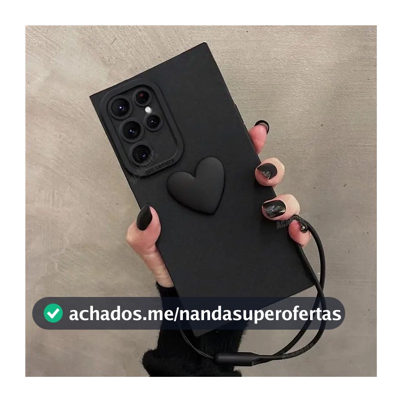 Capinha Capa Para S23 Ultra S24 Ultra S25 Ultra S26 PLUS FE com Alça Suporte  Preta Coração Silicone Case Cam Pe