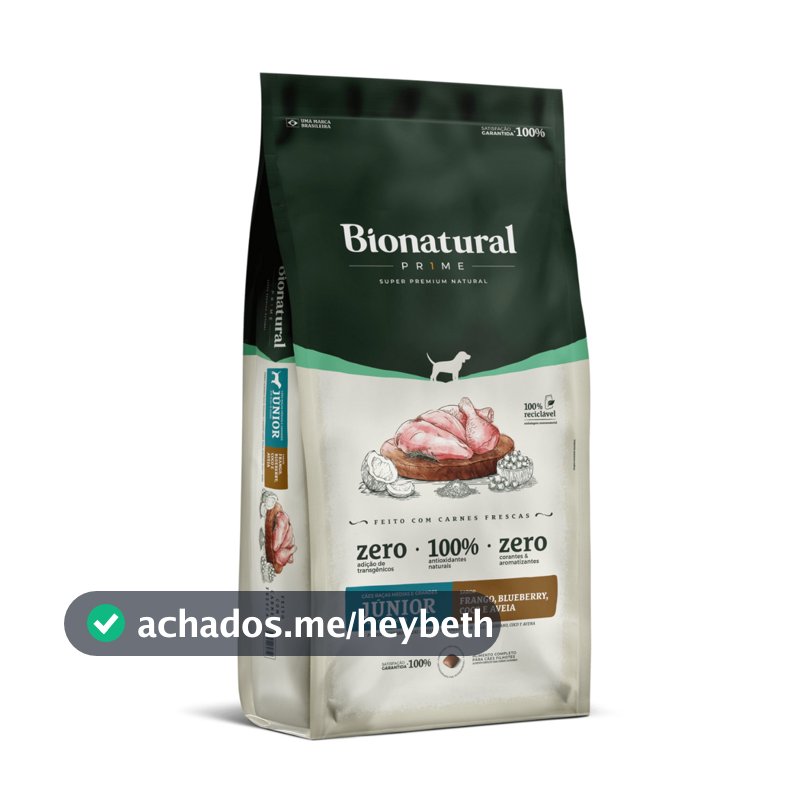 Ração Bionatural Prime Júnior Raças Médias e Grandes 15 kg Frango, Blueberry, Coco e Aveia