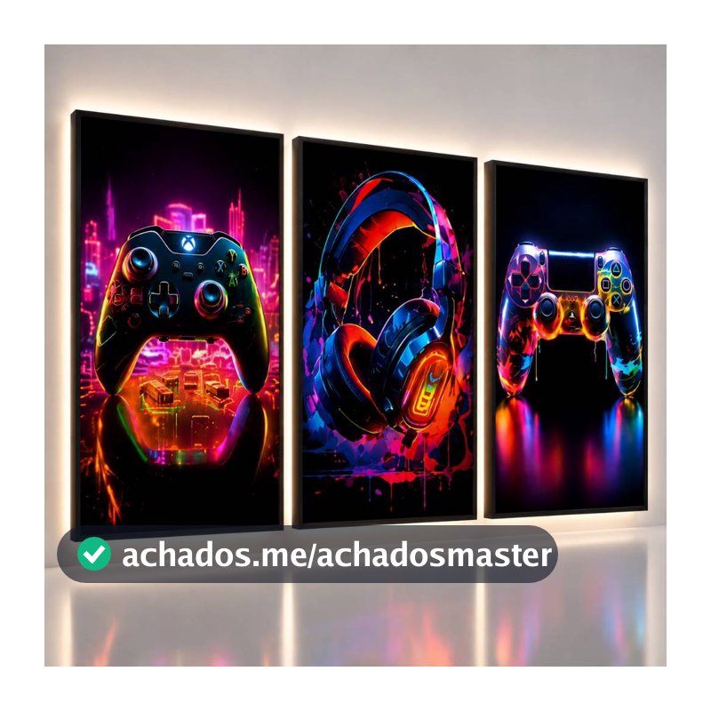 Quadro Decorativo Controle Colorido Gamer Jogo Headset Game Gamer Colorido Neon