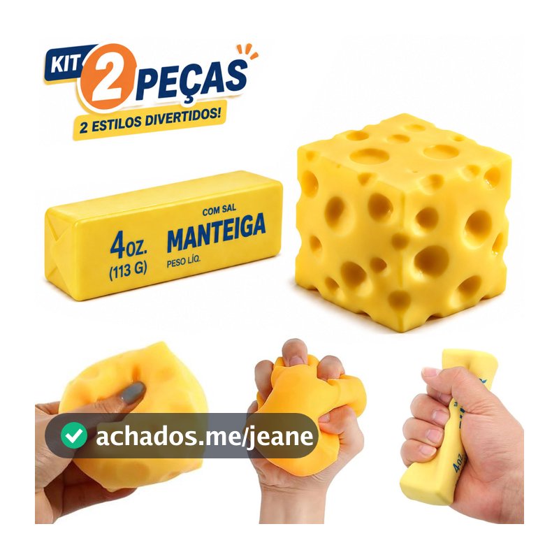 Kit 2 Squishies Manteiga e Queijo, Brinquedos de Apertar Antiestresse, Sensoriais, Presente para Crianças e Adultos