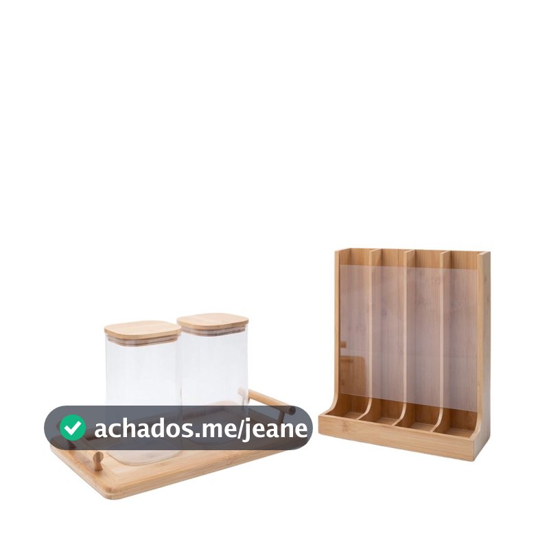 Kit 2 Potes com Tampa de Bambu 1,4l, Porta Cápsulas E Bandeja Retangular com Alças de Bambu - Oikos