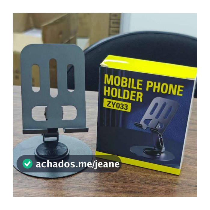 Suporte de mesa em liga de alumínio com base giratória ajustável em 360°, adequado para smartphones.
