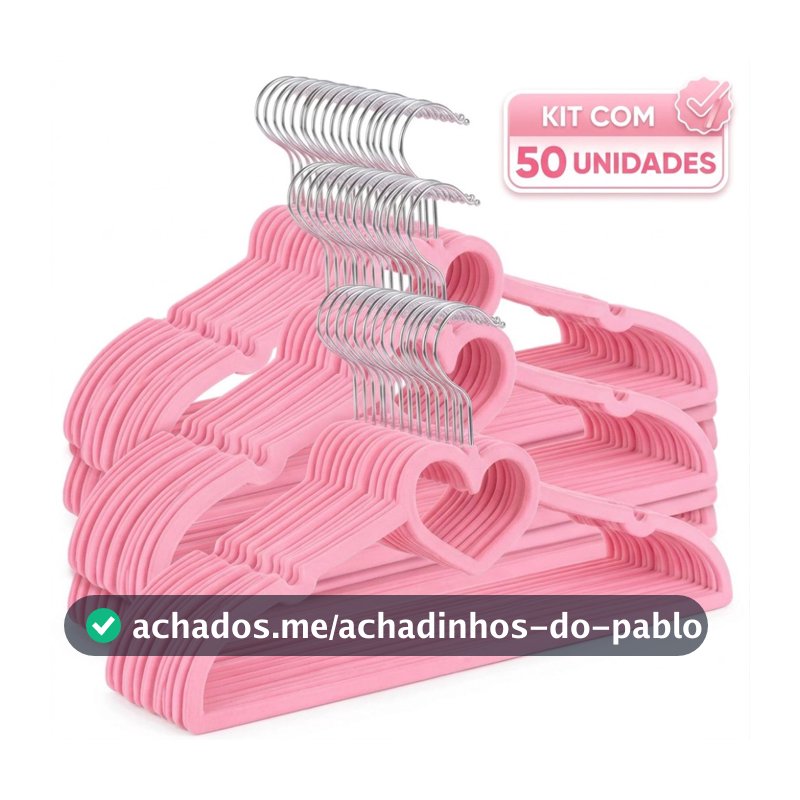 Kit 50 Cabide Infantil Veludo Slim Antideslizante Ultra Fino - Rosa Coração