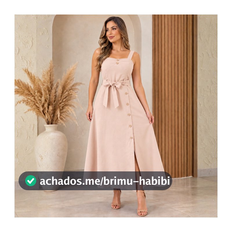 Vestido Feminino Longo de Alça com Botões Funcionais e Cinto Elegante Casual Verão