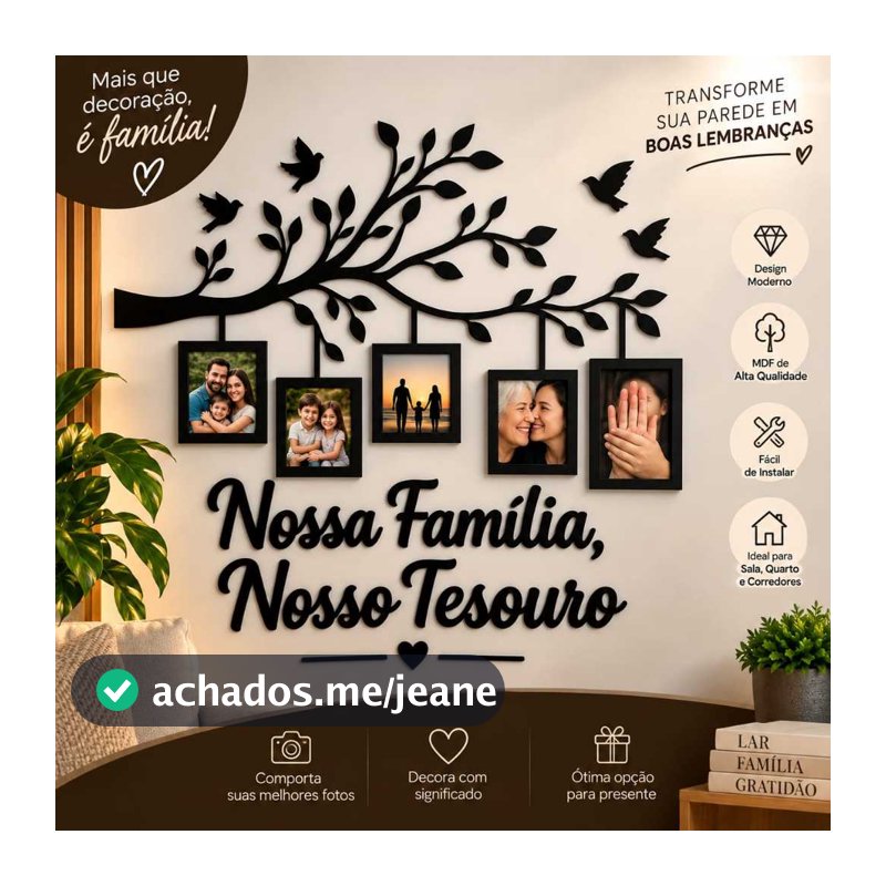 Quadro Decorativo Árvore da Família com Porta Retratos – Nossa Família, Nosso Tesouro