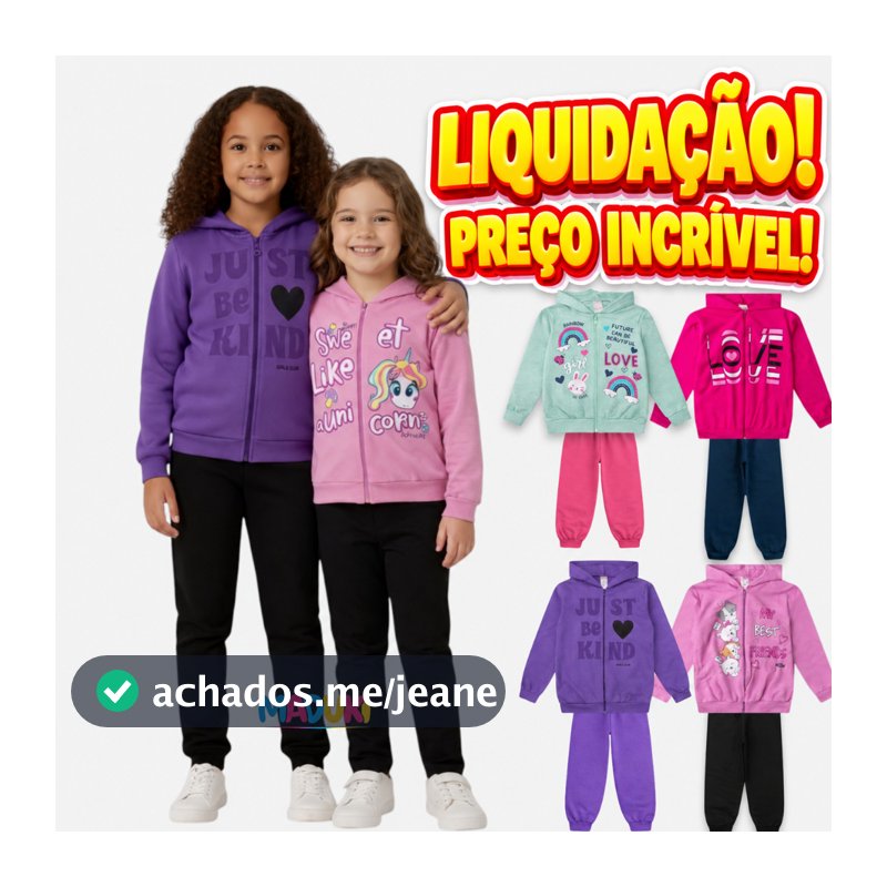 Kit 6 Peças Moletom Jaqueta com Capuz e Zíper e Calça Feminino Infantil Menina Inverno