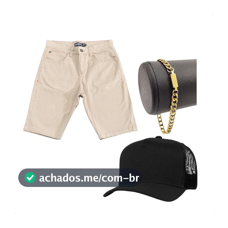 Kit 1 Bermuda Masculina Sarja 1 Boné Mais Pulseira Dourada De Alta Qualidade Linha Premium