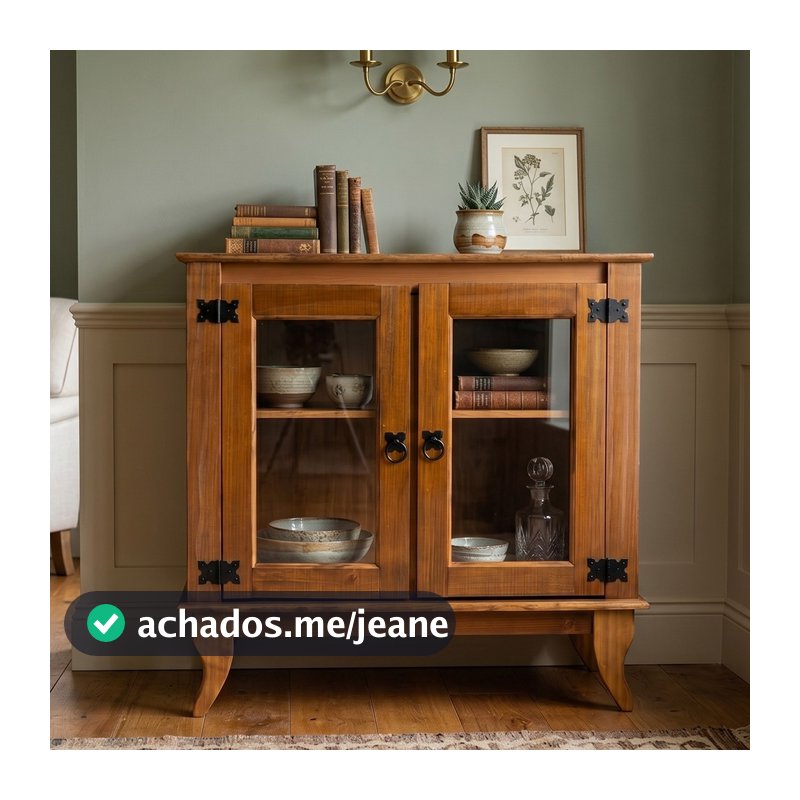 Buffet de Madeira Maciça Persa com 2 Portas em Vidro para Sala e Espaço Gourmet Colonial - Castanho
