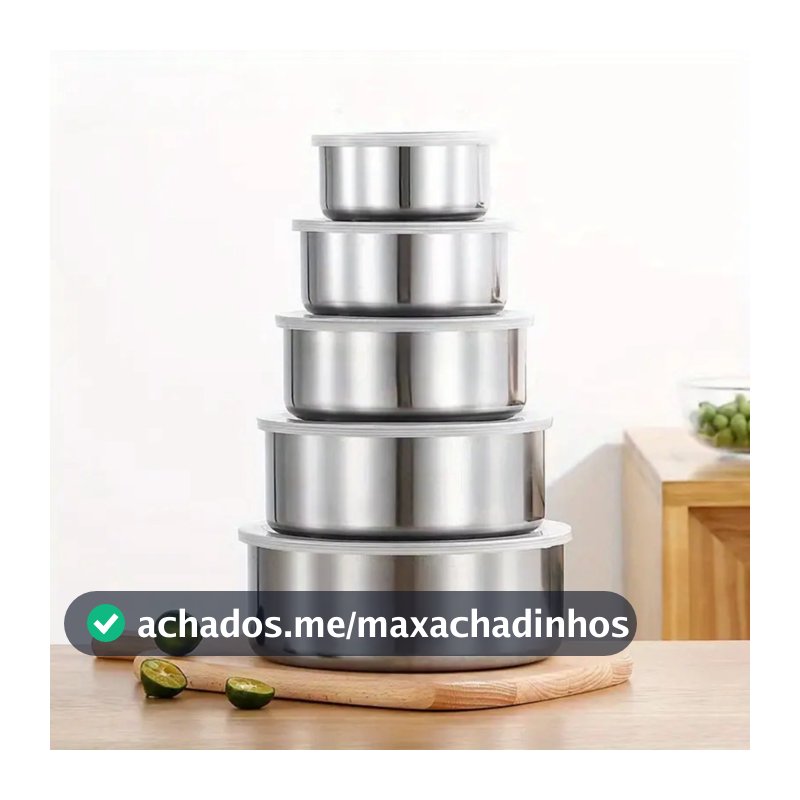 Jogo 5 Potes Tigelas em Inox Alumínio Com Tampa Redondo