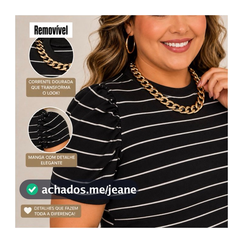 Blusa plus size feminina corrente dourada manga princesa bufante elegante preta noite balada verão